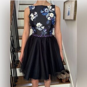 Mon Cheri Sport black floral cocktail dress. EUC